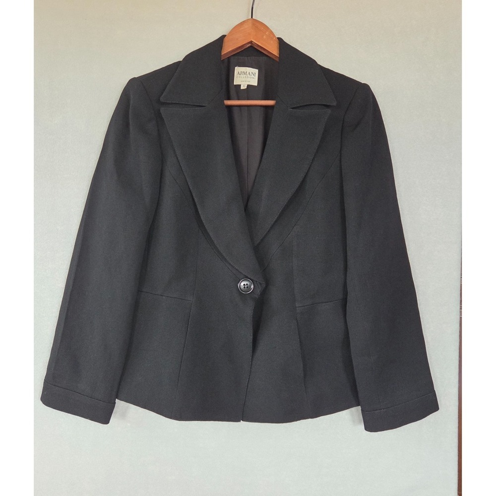Vintage Armani Collezioni Peplum Blazer Black Virgin Wool Peak Lapel Italy 12